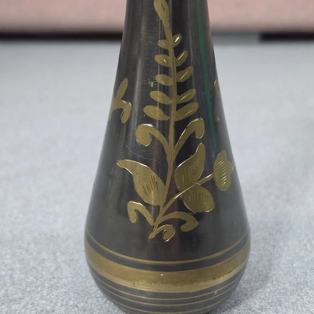 Vintage Brass Bud Vase Home Decor Small Black Etched Floral‎